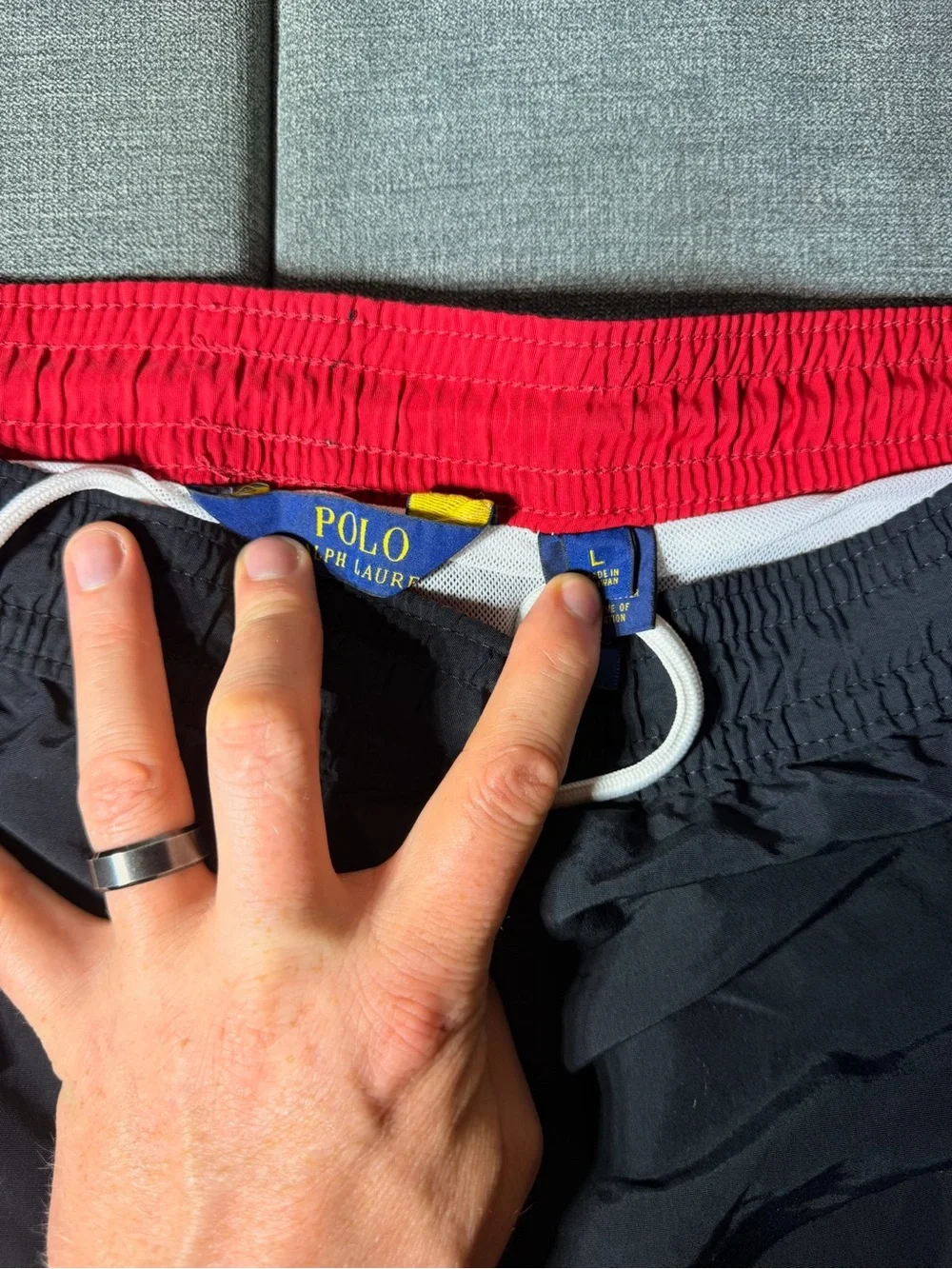 Polo by Ralph Lauren Men’s Swim Trunks - Red Waistband, Black Body